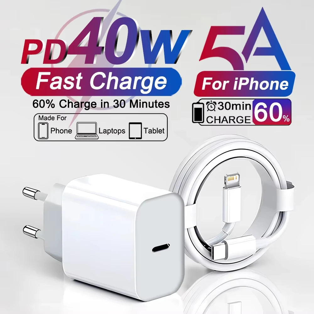 Original 40W PD Fast Charger for iPhone 17 Pro Max Air 15 16 Plus 14 13 12 11 XS Max XR Quick Charging Cable USB C Power Adapter