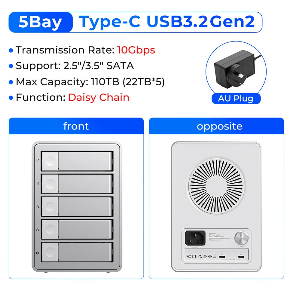 ORICO 4/5 Bay 10Gbps SATA HDD Docking Station SSD Enclosure 2.5"3.5"Hard Drive External Case USB 3.2 Type C HD House Daisy Chain